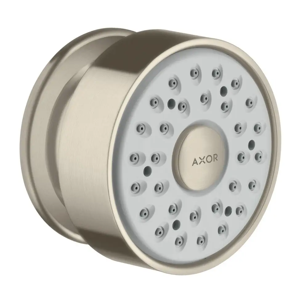 Runde Seitenbrause in Brushed Nickel mit mehreren Düsen, hergestellt von Hansgrohe. Die Oberfläche ist glatt und der zentrale Bereich ist beschriftet.